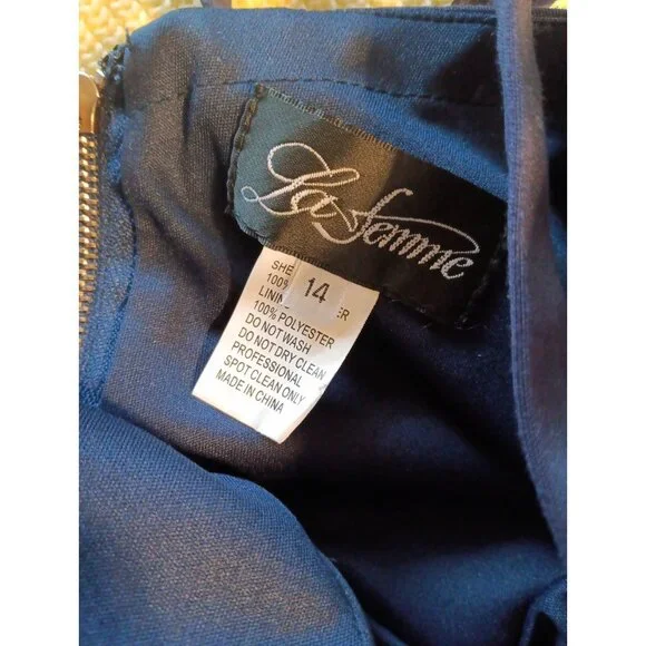 LA FEMME 27470 Womens 14 Navy Blue Ruched Crisscross Back High Slit Gown NWOT - Picture 5 of 5